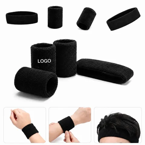 Black Terry Cloth Sweatband Set for Sports, Absorbent
