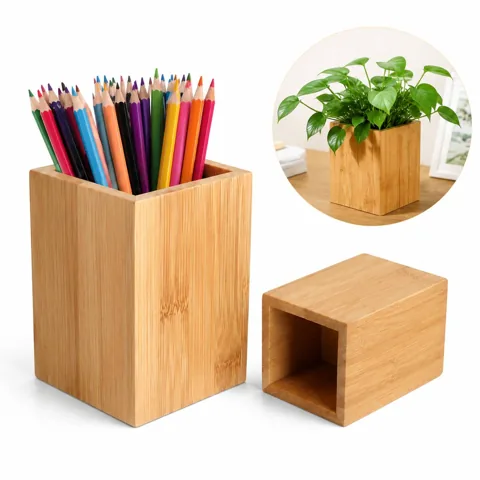 Natural Bamboo Desk Pen Holder with Multiple Compartments 2