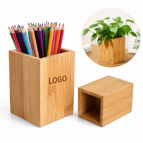 Natural Bamboo Desk Pen Holder with Multiple Compartments