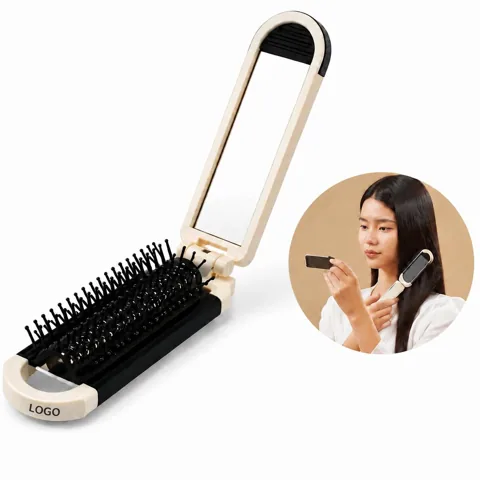 Folding Hairbrush with Mirror, Compact Travel Comb