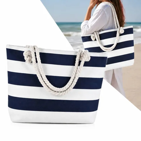Striped Canvas Zippered Tote - Large Beach Bag with Pockets 2