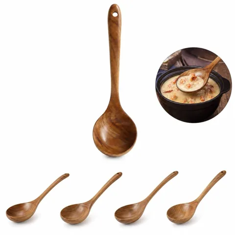 Natural Teak Wood Soup Ladle with Long Handle for Serving 2