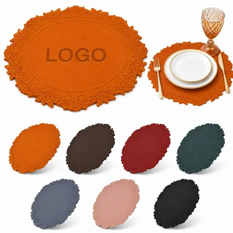 15in Round Patterned PU Leather Placemat, Fade-Resistant