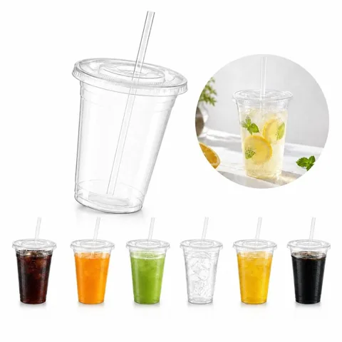 16 oz Clear PET Cups with Lids, Disposable Cold Drink Cups 2