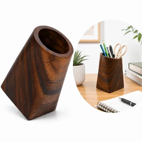 Natural Wood Pencil Holder 4.33 Inch Round Desk Organizer 2