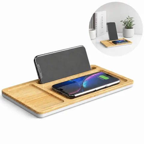 Bamboo Wireless Charger Tray Desk Organizer with Qi 2