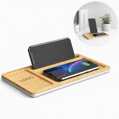 Bamboo Wireless Charger Tray Desk Organizer with Qi
