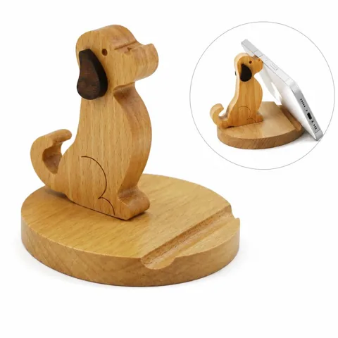 Natural Wood Puppy Phone Stand with Stable Base for Desk 2