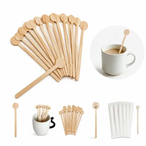 Natural Wood Mixing Sticks with Paddle Top for Coffee Tea 2