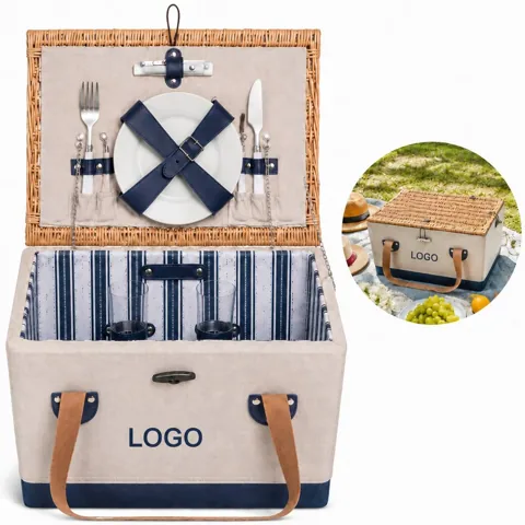 Handwoven Rattan Picnic Basket for Two with Tableware Set