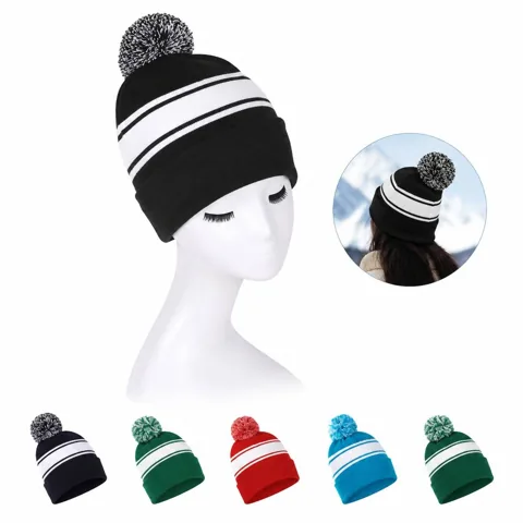 Two Tone Knit Pom Beanie with Cuff for Warm Winter Wear 2