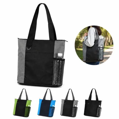 Custom Oxford Tote Bag with Mesh Side Bottle Holder 2