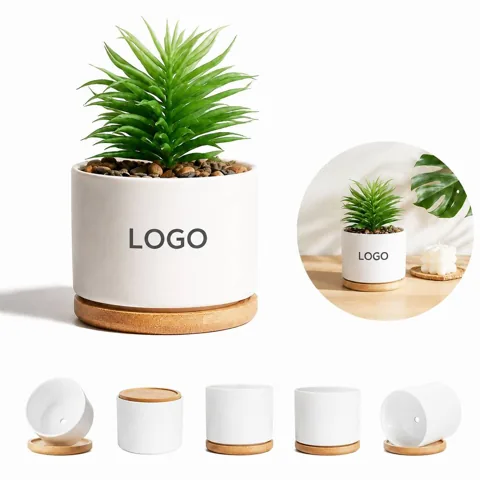 Glazed Ceramic Planter with Wooden Holder for Indoor Plants