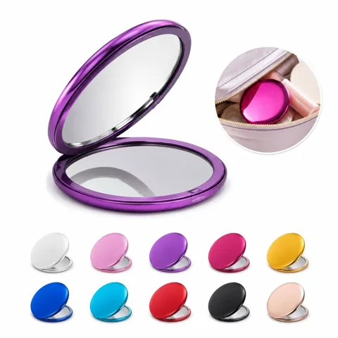 Double Sided Folding Metal Pocket Mirror with Magnification 2