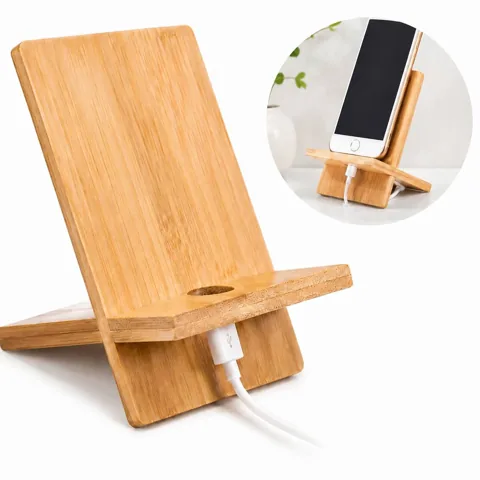 Natural Bamboo Phone Stand with Charging Hole for Desk 2