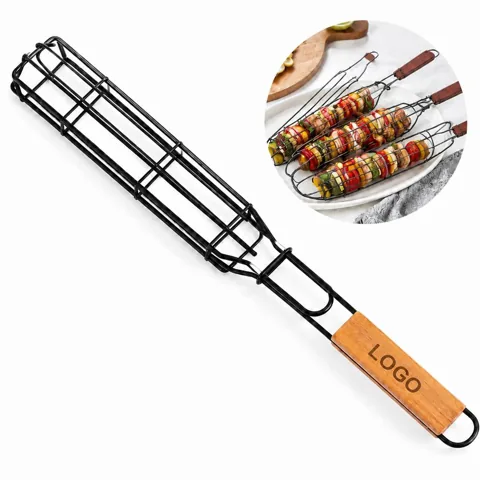 Non-Stick Mesh BBQ Grill Net with Wooden Handle for Outdoor