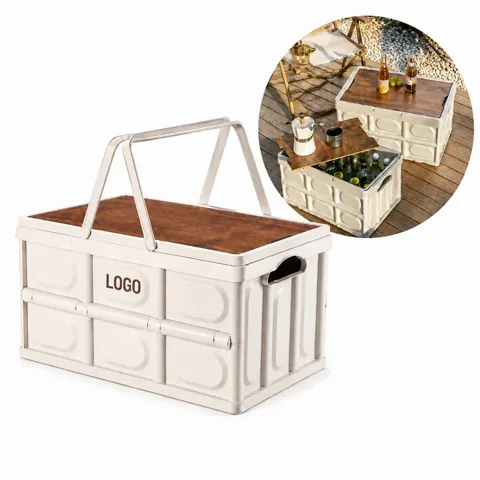 Collapsible Camping Storage Bin with Wooden Lid