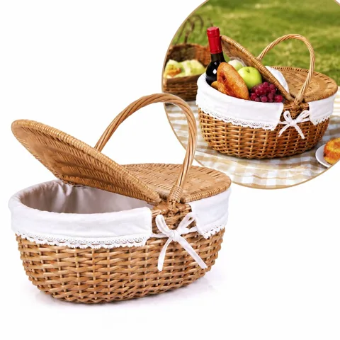 Natural Wicker Picnic Basket with Secure Lid and Handle 2