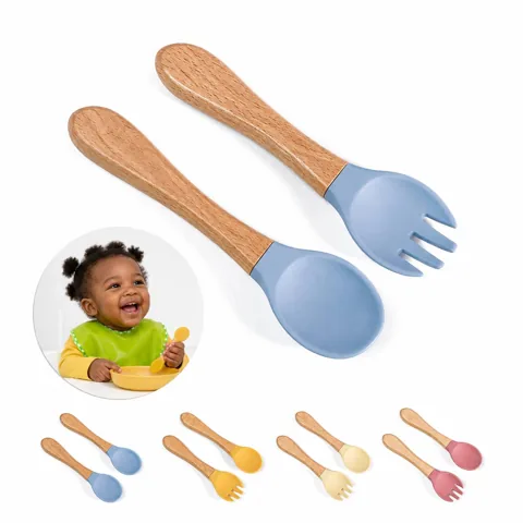 Baby Silicone Spoon Fork Set with Wooden Handles for Everyday Use 2