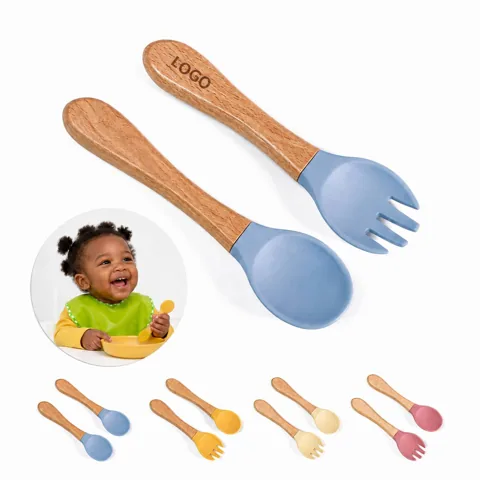 Baby Silicone Spoon Fork Set with Wooden Handles for Everyday Use