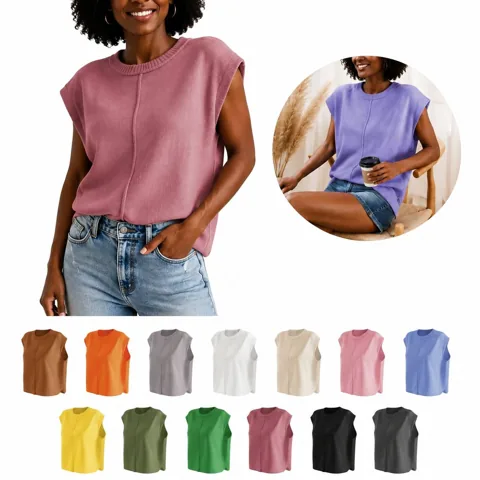 Women's Casual Crew Neck Cap Sleeve Sweater Vest 2