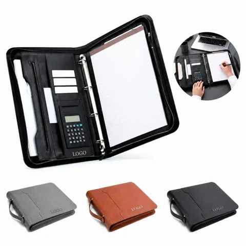 Zippered PU Leather A4 Binder with Card Slots