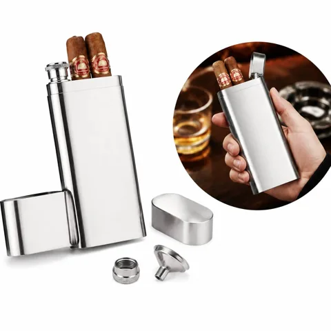 Stainless Steel 2-in-1 Cigar Case Flask with 2oz Flask 2