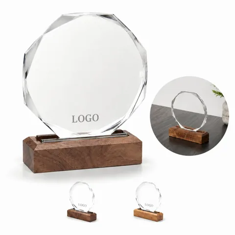 Circular Faceted Crystal Trophy Award with Wooden Base