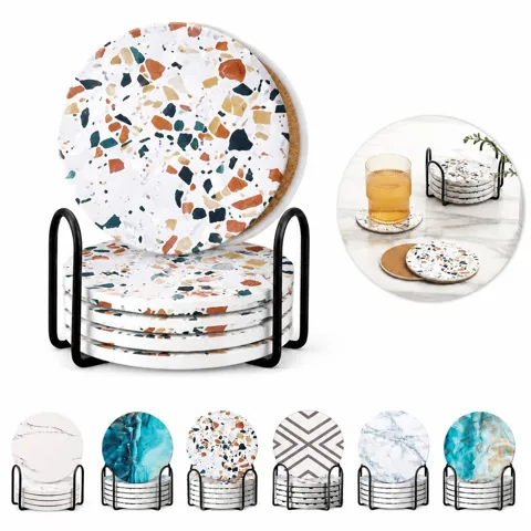 6-Pack Absorbent Stone Coaster Set with Holder 2
