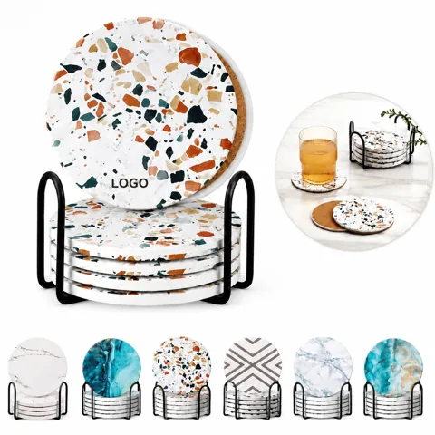 6-Pack Absorbent Stone Coaster Set with Holder