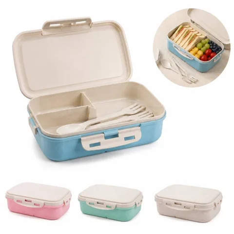 3-Compartment Bento Box with Built-In Cutlery, 2