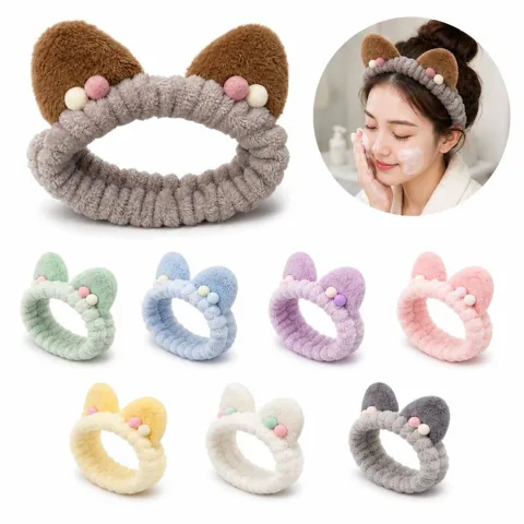 Soft Coral Fleece Cat Ear Headband for Face Washing & Makeup 2