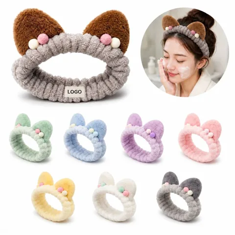 Soft Coral Fleece Cat Ear Headband for Face Washing & Makeup