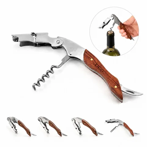 3-in-1 Wooden Stainless Steel Corkscrew Wine Opener with Added Functionality