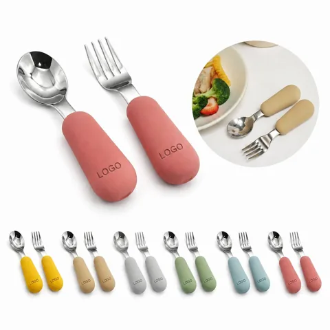 Safe Silicone Kids Spoon Fork Set, Non-Slip Soft Grip
