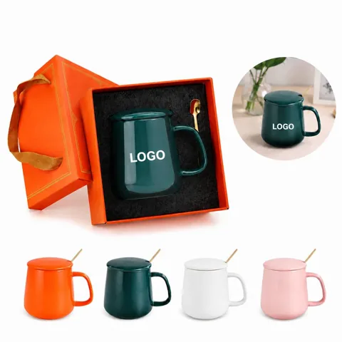 Ceramic Mug Gift Set with Spoon, 4 x 350ml, Microwave Safe