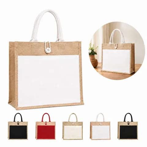Natural Jute Canvas Tote Bag with Front Pocket for Beach 2