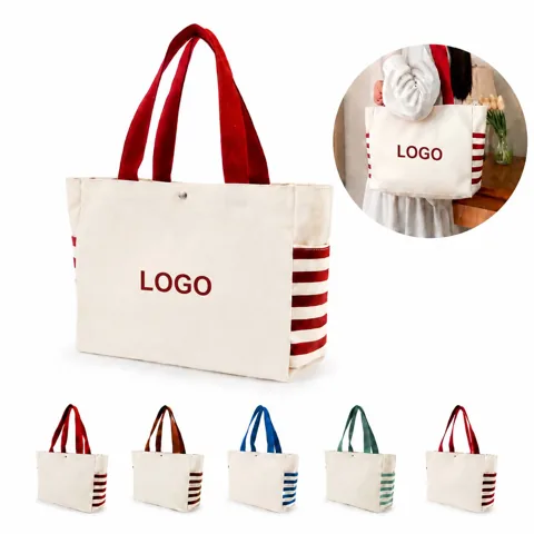 Beige Canvas Tote Bag with Side Pockets for Everyday Use