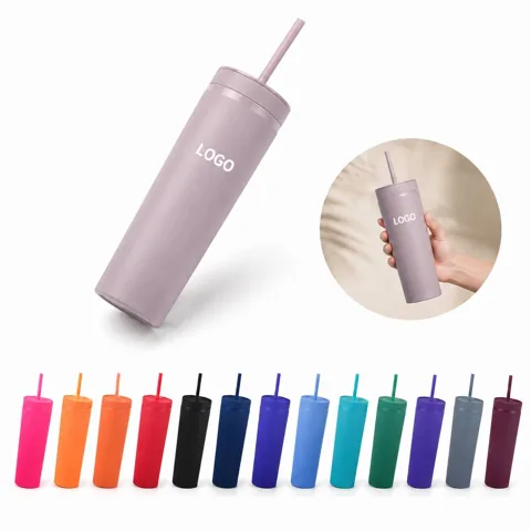 16oz Double Wall Insulated Skinny Straw Tumbler with Rubber