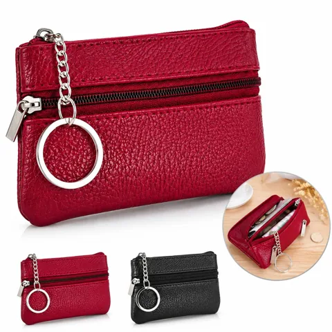 Washable PU Mini Change Wallet with Keychain, Zippered Coin 2