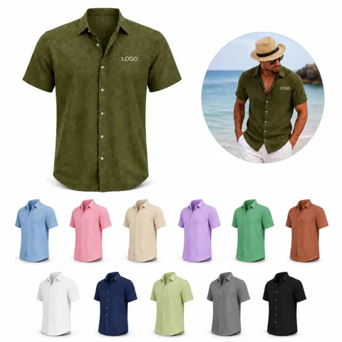 Men's Linen Short Sleeve Casual Button-Down Shirt