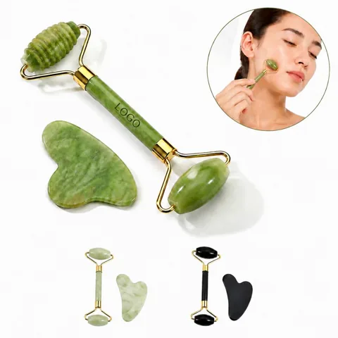 3-Pcs Jade Facial Roller & Gua Sha Set for Lymphatic