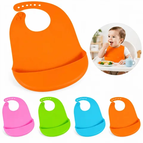 Silicone Baby Bib with Food Catcher Pocket, Adjustable & 2