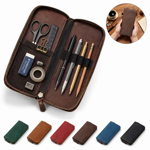 Cowhide Mesh Zippered Pencil Case for Pens and Stationery 2