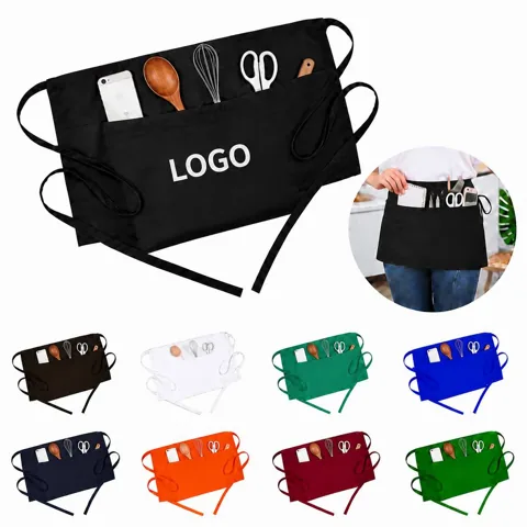 Stain-Resistant 3-Pocket Drawstring Waist Apron for Cooking