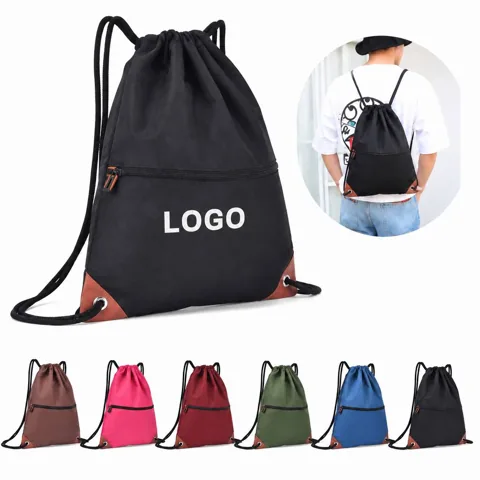 Oxford Drawstring Sports Backpack with Front Zipper Pocket