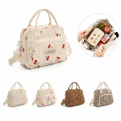 Corduroy Insulated Square Lunch Bag with Handle
