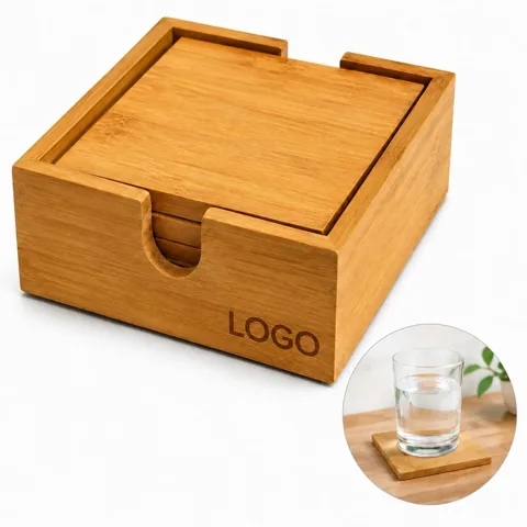 Square Bamboo Coaster Set with Storage Holder, Natural