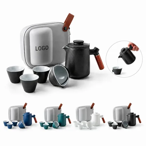 Portable Ceramic Travel Tea Set with Teapot and 4 Cups