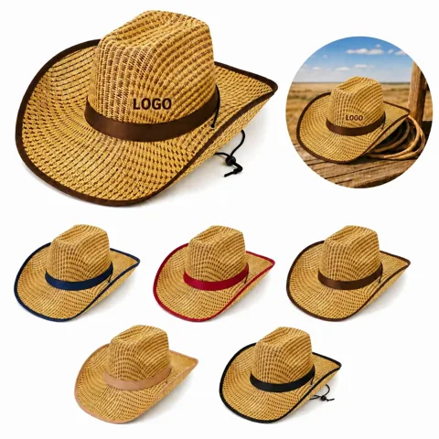 Woven Straw Denim Cowboy Hat with Adjustable Chin Strap